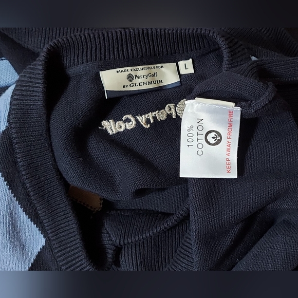 PERRY GOLF BY GLENMUIR MEN'S BLUE ARGYLE COTTON PULLOVER GOLF VEST SIZE L NWOT - Picture 6 of 7